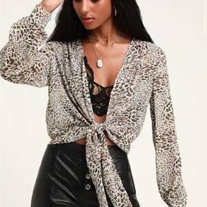 Lulus Leopard Print Sheer Tie-Front Top